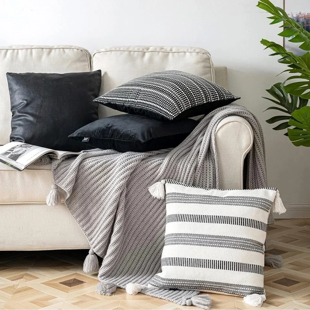 4 Piece Throw Pillow Covers Set Black White Faux Leather Velvet Boho Tassel‎